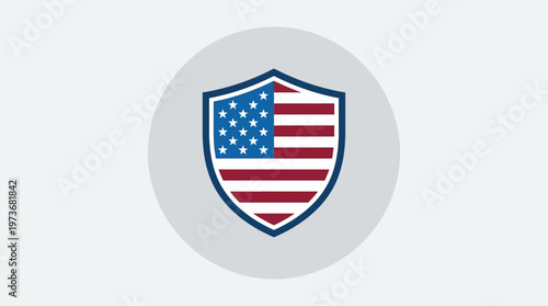 A bold flat design illustration of a patriotic shield emblem, incorporating American flag elements to symbolize protection, honor, and national pride. 