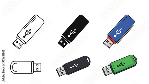 Set of various usb flash drive icons in different styles and colors representing digital data storage and information transfer.