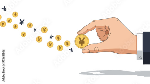 Hand of a businessman picking up a gold coin with a Yen symbol from a trail representing financial gain and smart investment.