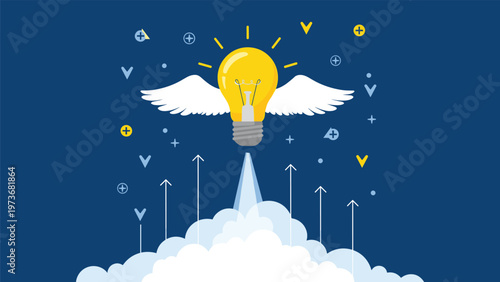 Creative light bulb with wings launching from white clouds into a dark blue sky with rising arrows representing innovation and new ideas.