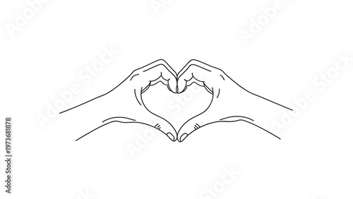 Minimalist black and white line art of two hands coming together to form a heart symbol representing love, unity, and friendship.