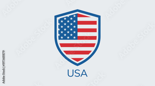 A bold flat design illustration of a patriotic shield emblem, incorporating American flag elements to symbolize protection, honor, and national pride. 