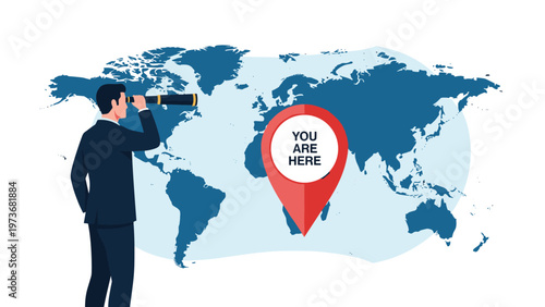 Professional businessman using a telescope to look at a global map with a large red you are here location pin for strategic planning.