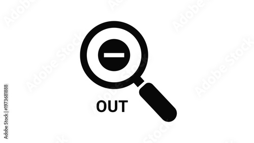 Zoom out icon featuring a black magnifying glass with a minus symbol and the word out below it for user interface navigation design.