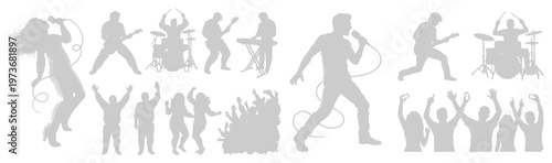 Rock band musicians and concert crowd silhouettes with singer guitarist and drummer