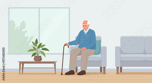 Elderly Man Sitting with Cane in Waiting Room, Senior Healthcare Concept
