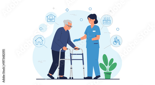 Elderly man with walker assisted by nurse in home care setting, healthcare concept
