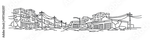 Rows of garages and power lines along cracked road foreground