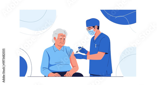 Elderly person receiving vaccination from medical professional in blue scrubs