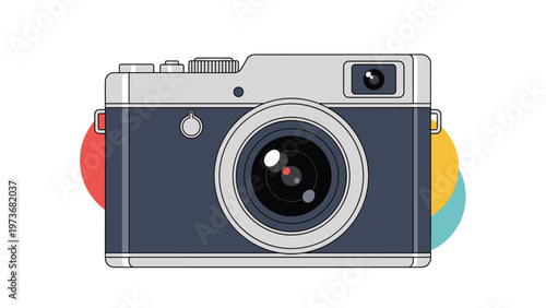 Retro style classic analog film camera with a large lens and colorful background circles for photography enthusiasts and vintage collectors.
