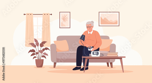 Elderly woman measuring blood pressure at home, senior health and wellness concept