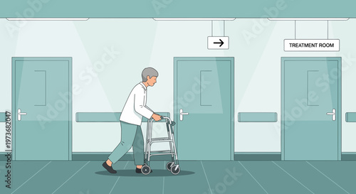 Elderly person with walker in hospital hallway, treatment room sign