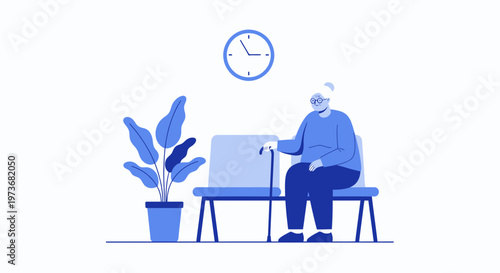 Elderly Woman Waiting Patiently in a Doctor's Office with a Plant and Clock