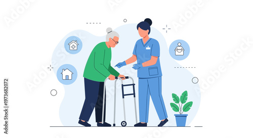 Elderly woman with walker assisted by nurse in care home, medical support concept