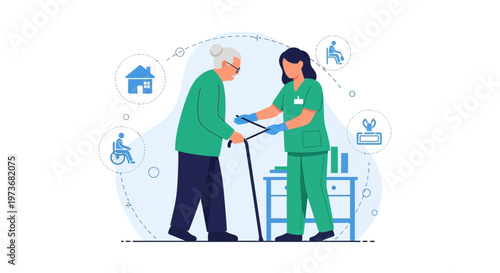 Elderly woman with walking cane assisted by caregiver in home care setting