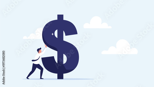 Determined businessman pushing a giant dollar sign symbol representing hard work and effort in achieving financial success and profit goals.