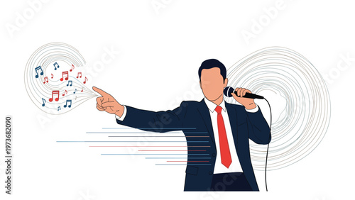 Energetic businessman singing into a microphone with colorful musical notes floating around representing a professional performance or karaoke fun.