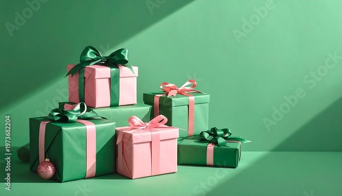 Green and pink wrapped presents.