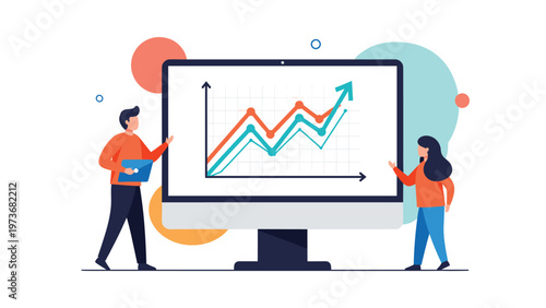 Two professional analysts standing by a large computer screen displaying rising line graphs representing business growth and data monitoring.