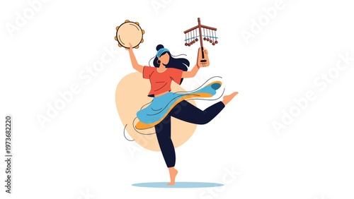 Energetic woman dancing and playing musical instruments with a tambourine and chime tree representing joy and artistic expression.
