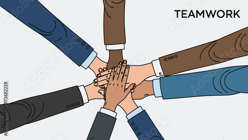 Multiple hands wearing business suits joined together in a central circle representing unity and global teamwork cooperation.
