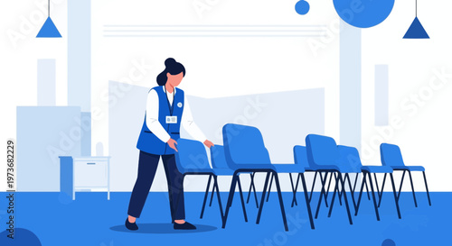 Event staff arranging chairs in a conference hall for a seminar or meeting
