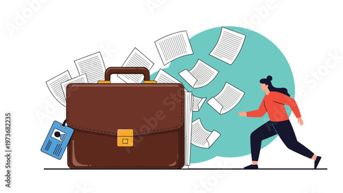 Determined woman running past a large briefcase with papers flying out representing a busy professional life and career drive.