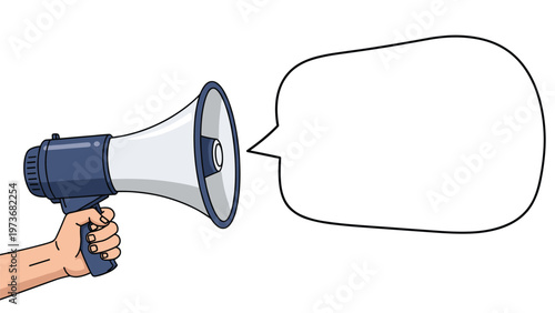 Human hand holding a large blue megaphone with a blank speech bubble for custom text representing announcements and marketing.