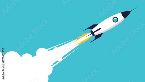 Rocket ship blasting off into the blue sky with a large smoke trail representing a successful launch and rapid growth.