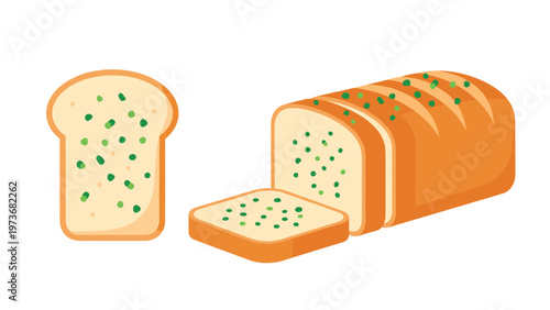 Loaf of golden brown garlic bread with green herbs and two slices on a white background representing tasty bakery products.