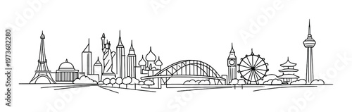 City skyline with monuments and bridge along waterfront