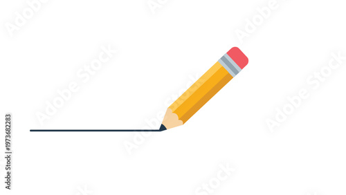 Yellow pencil drawing a straight horizontal dark line on a white background representing sketching writing and creative work.