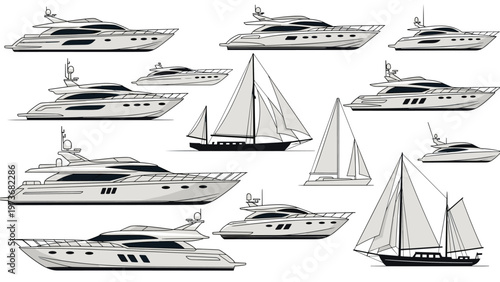 Extensive collection of various luxury yachts and sailboats in detailed line drawings representing maritime recreation and travel.