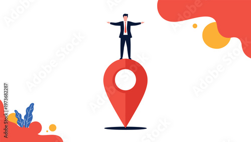 Professional businessman standing on top of a giant red map pin representing location services and corporate positioning.