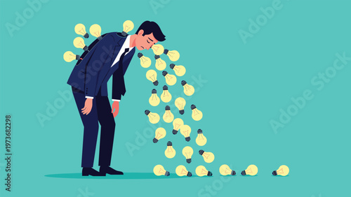 Tired businessman losing his lightbulb ideas as they fall from his head and back representing burnout and loss of inspiration.