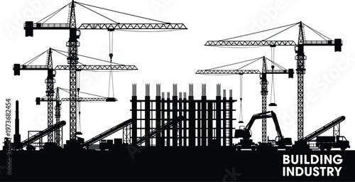 Construction Site Silhouette with Tower Cranes Building Framework and Heavy Machinery Industrial Development Vector Illustration on White Background