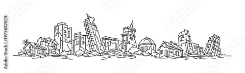 Collapsed city skyline with ruined buildings and debris