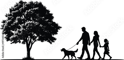 Family walking dog under tree silhouette vector illustration, parents and child outdoor scene, nature park lifestyle, pet companionship concept, black and  