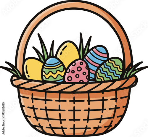 Easter Basket Illustration with Colorful Decorated Eggs and Green Grass Elements