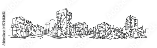 Line drawing of ruined low rise buildings across dark skyline