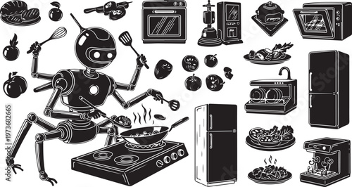 Robot cooking in kitchen with various appliances and utensils