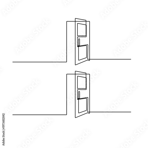 Continuous line drawing of open double doors on a wavy horizon
