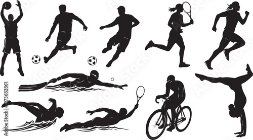 Silhouettes of athletes in various sports and dynamic poses