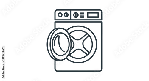 a washing machine line icon illustration with an open door ready for laundry and home appliance use.