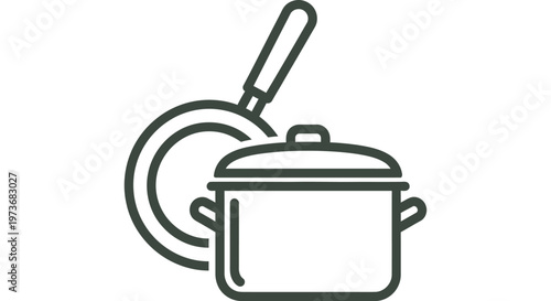 cooking pot and frying pan line art illustration depicting essential kitchenware and cookware for food preparation designs.