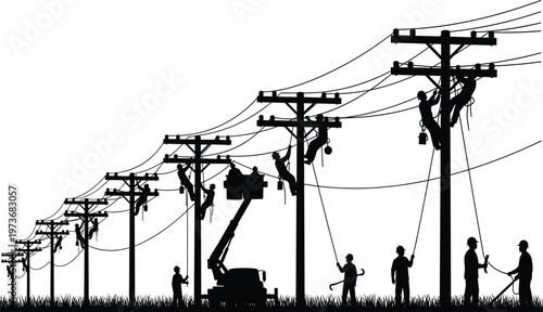 Electric Utility Workers Repairing Power Lines on Poles with Bucket Truck and Technicians Maintaining Energy Infrastructure Silhouette Vector