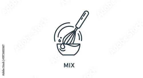 line art icon of a whisk mixing liquid in a bowl representing food preparation cooking and ingredient stirring process