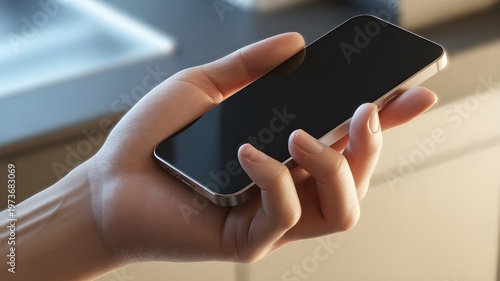 close-up hand holding smartphone, blank screen, 