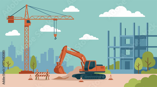 Construction site with crane and excavator, urban development illustration