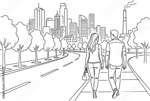 Couple strolling toward city skyline illustration romantic urban walk perspective street scene modern lifestyle line art vector design